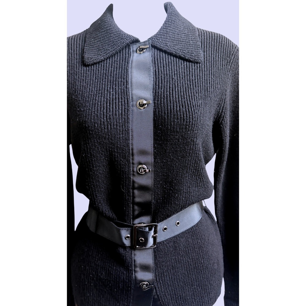 Etcetera Cardigan Black 100% Wool Ribbed Belted Toggle Collared Sweater S - Picture 2 of 9